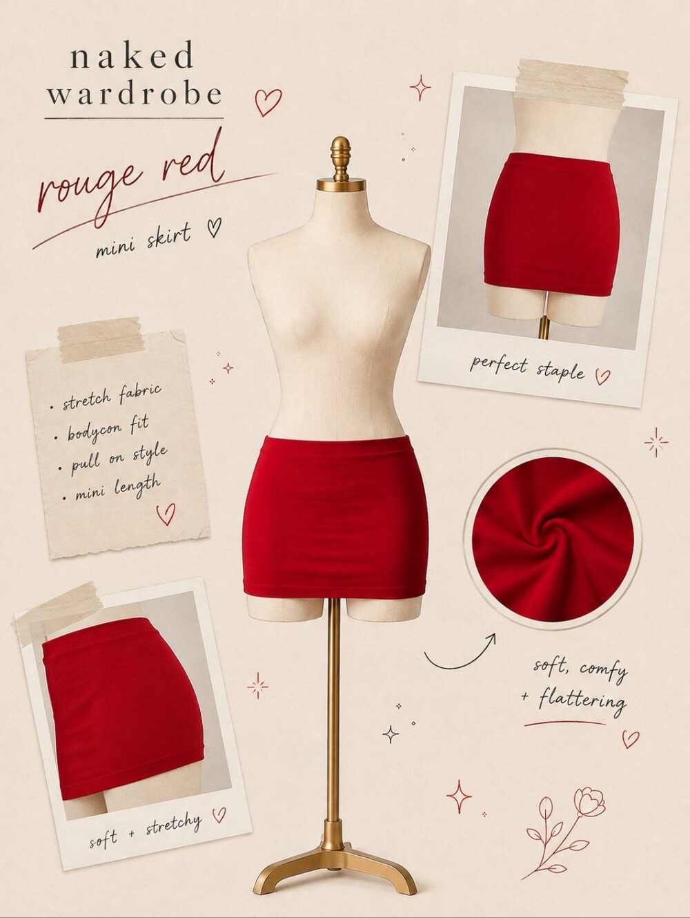 Naked Wardrobe Rouge Red Stretch Mini Skirt XS